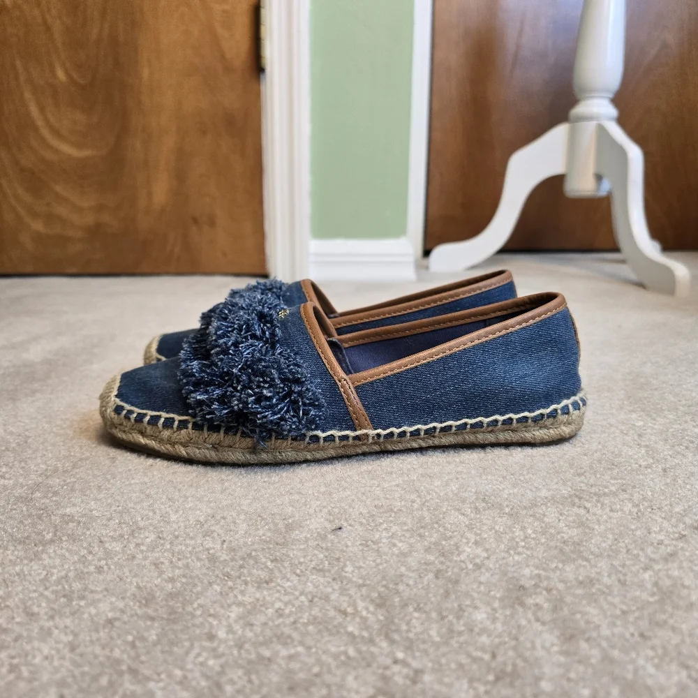 Tory Burch Navy Blue Denim Shaw Fringe Espadrille Flats Size 7.5 - Picture 12 of 12